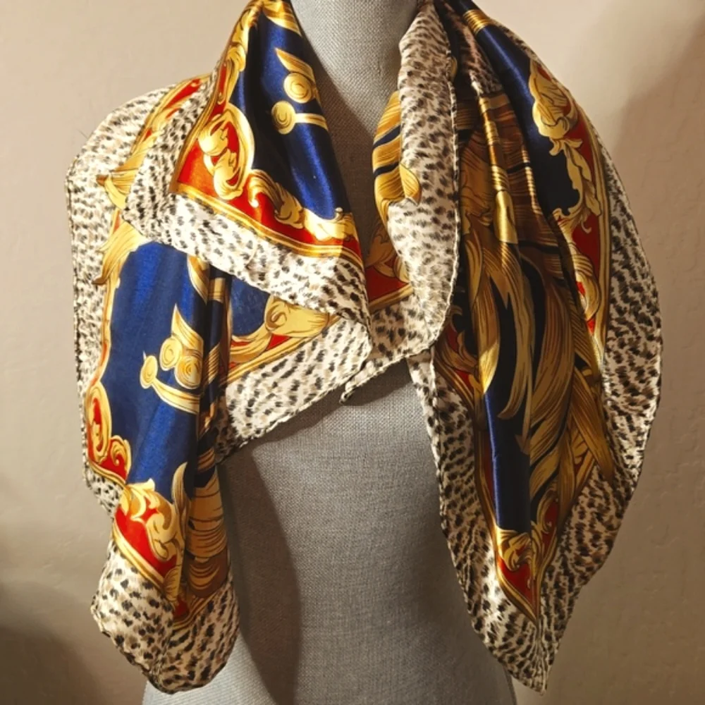Vintage Animal Print & Gold Border Satin Scarf